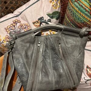 RPS rock paper scissors Gray genuine Leather crossbody Bag Anthropologie